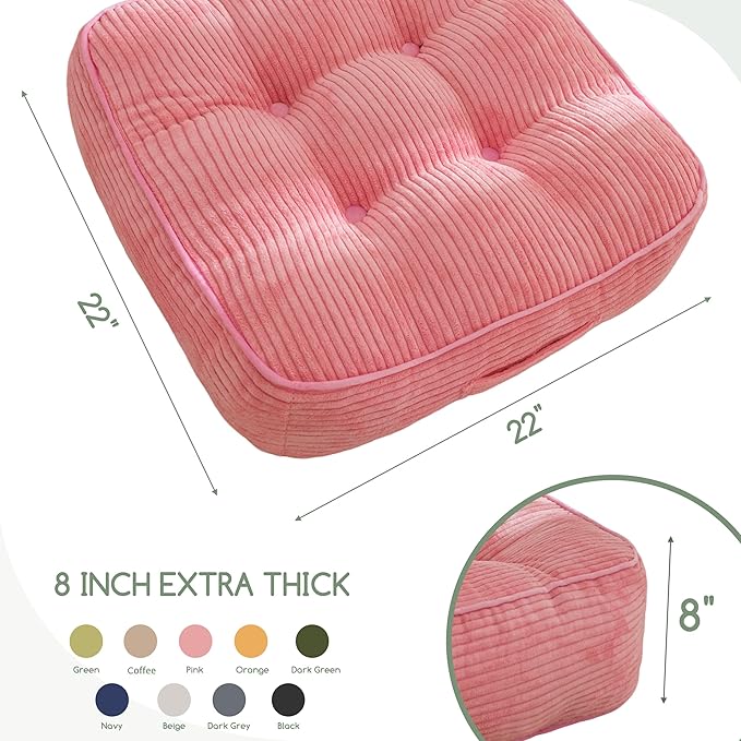 8" Washable Floor Pillow Cushion for Adults, Meditation Cushion Pillow, Large Square Floor Sitting, Removable Tufted Corduroy Cover, for Tatami Living Room or Yoga, 22x22 Inch, 2Pack, Machine Washable - Bloomnest