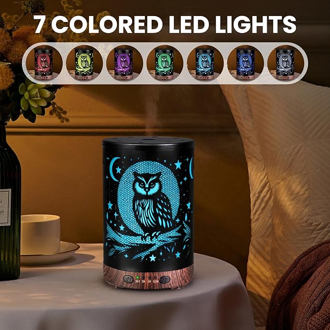 Essential Oil Diffuser 120ML Metal Aromatherapy Diffuser with Timer, Cool Mist Humidifier with Auto Shut-Off & 7 Color Lights for Home Office Spa (Owl) - Bloomnest
