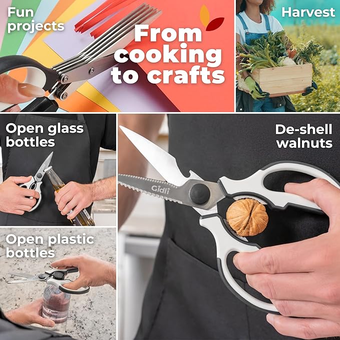 Gidli 2 Pack Kitchen Scissors & Kitchen Shears - Lifetime Replacement Warranty - Herb Scissors with 5 Blades and Cover - Heavy Duty Vegetable Salad Multi Blade All-Purpose Food Shears Dishwasher Safe - Bloomnest