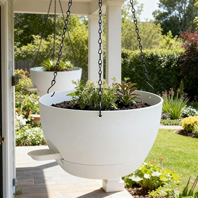 WOUSIWER Self Watering Hanging Planters, 2 Pack 10'' Plastic Pots with Drainage Holes & Reservoir Tray (White) | Indoor & Outdoor Use for Ferns, Ivy, Herbs, Succulents - Bloomnest
