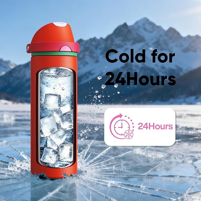 Insulated Water Bottle with Straw - Encool Stainless Steel Water Bottle with Push Button Lid, Leak-Proof & BPA-Free, Keeps Cold for 24 Hours for Sports, Travel, Gym (24 oz, Grapefruit Red) ENCOOL