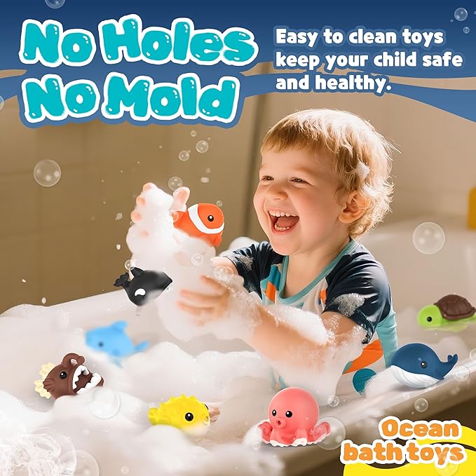 8 PCS Ocean Animal Bath Toys Mold Free Infant Bath Tub Toys for 12 Months - No Hole Bathtub Toys for Toddlers 1-3 Water Pool Toys for Baby Toddler Ages 1+ - Bloomnest