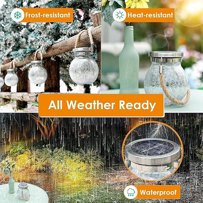 Cooo 4 Pack Heavy Crackle Glass Solar Lantern with 30 LED Firefly Lights– Waterproof Outdoor Hanging Lamp 215% Larger Solar Panel, Stainless Steel Lid Decorative Lighting for Garden Patio Table - Bloomnest