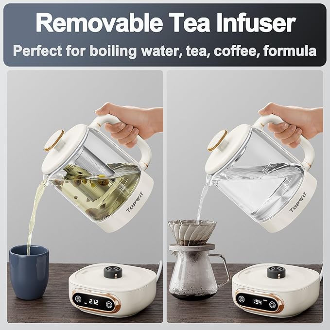 Topwit Electric Tea Kettle, 11 Temperature Control & 4 Presets Glass Kettle with Removable Infuser, 0.8L Electric Kettle for Coffee, Formula, Tea Maker with 8H Keep Warm, Boil-dry Protect, Beige - Bloomnest
