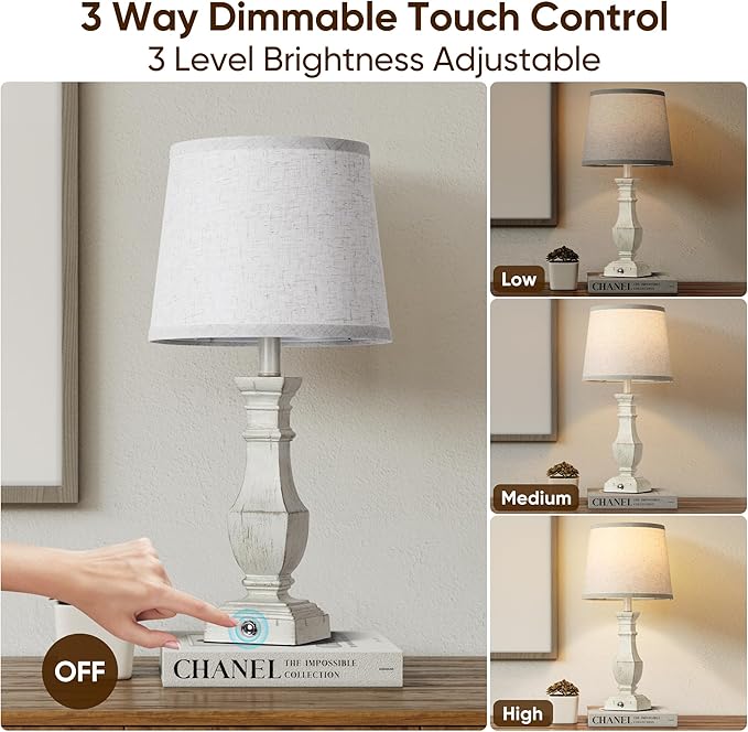 ROTTOGOON Dimmable Table Lamps Set of 2, Rustic Farmhouse Table Lamps for Living Room Bedroom, Bedside Desk Lamps for End Tables, Touch Lamps for Nightstand, 9W Bulbs Included, 22", Antique White - Bloomnest
