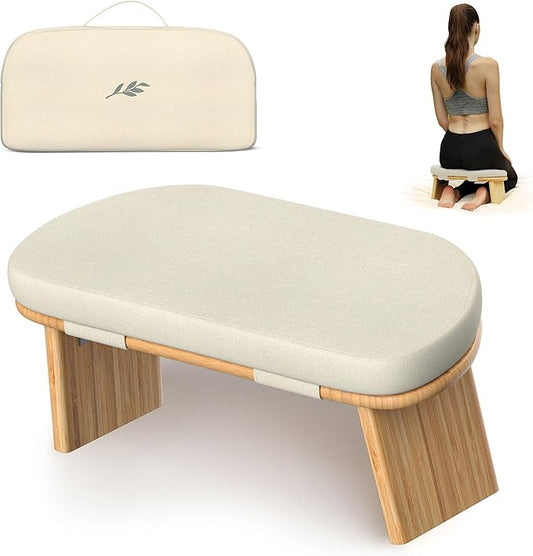 Meditation Chair w/ Extra Thick Cushion - Portable Bamboo Meditation Bench w/ Magnetic Locking Hinge - Anterior Tilt Seiza Bench Ideal for Comfortable & Stable Meditation - Sleek Canvas Kneeling Chair - Bloomnest