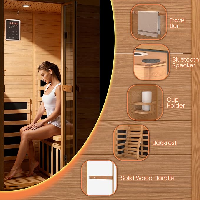 Infrared Sauna,1 Person Red Light Sanua with for Home,950w/110v Full Spectrum Indoor Dry Sauna, Carbon, Heater Panels, Bluetooth Audio, 8-Color Chromotherapy Lights, 35.4"x 31.5"x 66.9" HOMTHING