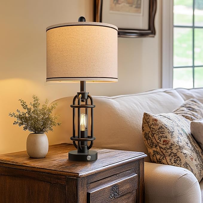 24'' Table Lamps for Living Room Bedroom Industrial Touch Lamp with USB A+C Ports, Night Light Farmhouse Vintage Nightstand Bedside Lamps for Night Stands Metal Black, Bulbs Included - Bloomnest