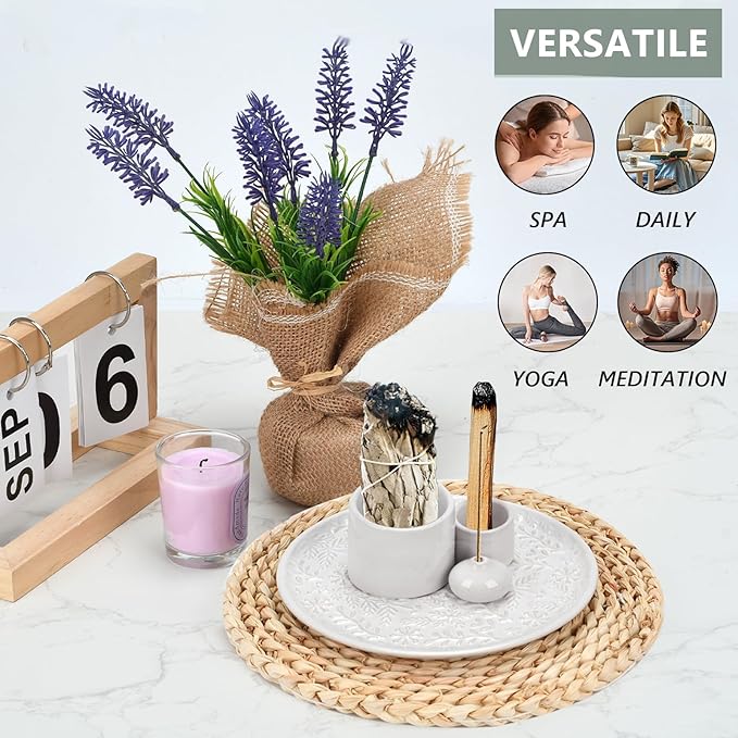 Ceramic Incense Holder Set with Decorative Tray, White, Intricate Pattern Design, 5.9x5.9x2 Inch, for Sticks, Cones, Palo Santo, Sage (White) - Bloomnest