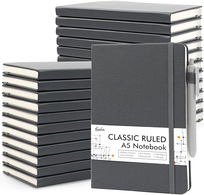 feela 24 Pack Journal Notebook for Work, Business Notebook Bulk Hardcover Lined Writing Journal with Pen Holder for Men Women Note Taking, with 24 Black Pens, 120 GSM, 5.1”x8.3”, A5, Gray - Bloomnest
