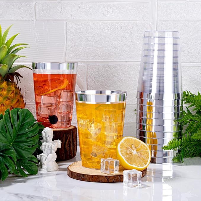 I00000 200 Pack 12 oz Silver Plastic Cups, Silver Rimmed Disposable Cups, Plastic Party Wine Glasses Cocktail Glasses Heavy Duty Cups with Silver Rim, 12 Ounce Tumblers For Party - Bloomnest