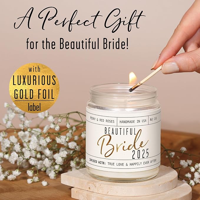 Bridal Shower Gifts, Bride Gifts for Bride to Be - 'Beautiful Bride 2025' Soy Wedding Candle, w/Peony Wedding Bouquet - infused w/Essential Oils I Bachelorette Gifts for Bride I 50Hr Burn, USA Made - Bloomnest