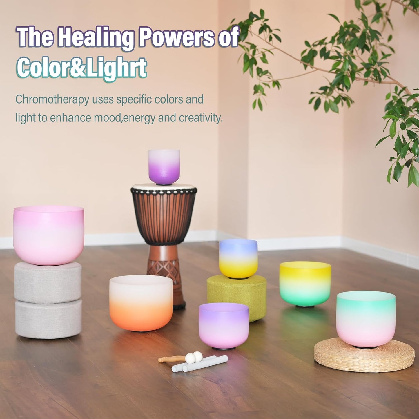 440HZ 6"-12" Set of 7 PCS Frosted Quartz Color Crystal Singing Bowl Set Sound Healing with Sound Bowl Mallet Suede Stick Heavy Duty Carry Cases