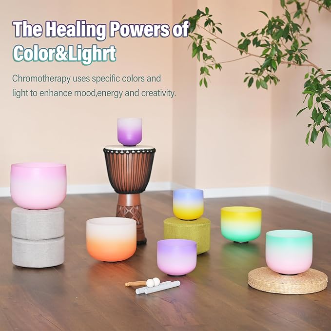 440HZ 6"-12" Set of 7 PCS Frosted Quartz Color Crystal Singing Bowl Set Sound Healing with Sound Bowl Mallet Suede Stick Heavy Duty Carry Cases - Bloomnest