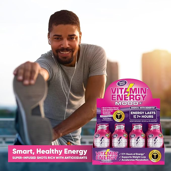 Vitamin Energy Mood+ Extra Strength Energy Shot Tropical Berry 4 Pack, 260mg Natural Caffeine, B-Vitamins, Rhodiola, Chamomile, Mood & Energy Support, Zero Sugar, Gluten-Free, Vegan, 1.93 fl oz - Bloomnest