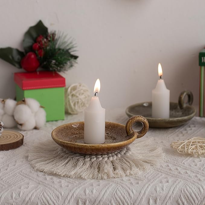 1pack Vintage Ceramic Candle Holders with Handle, Round Farmhouse Ceramic Plate Tray,Sage Holder for Burning,Incense Holder for Meditation Room Home Decor (Khaki) - Bloomnest
