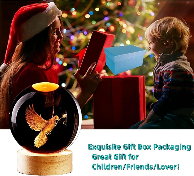 3.15 inch Pigeon Crystal Ball lamp,3D Bird Crystal Ball Night Light with Wooden Base, Peace Dove Lamp, 16 Colors Change with Remote Control (Panda) - Bloomnest