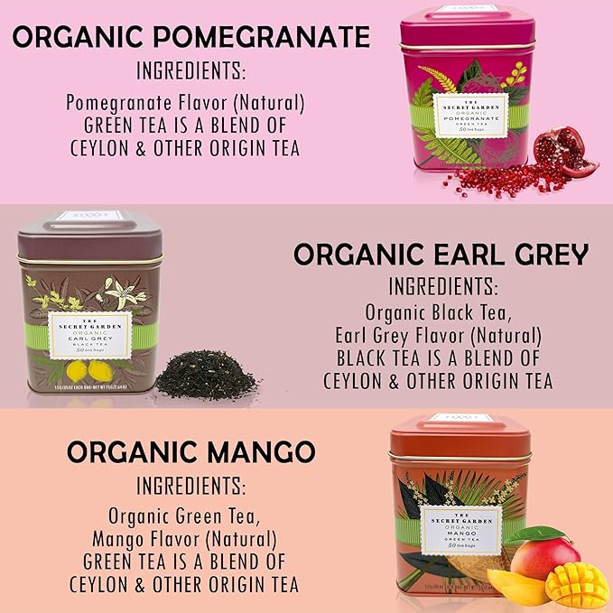 Premium USDA Organic Ceylon Tea Sampler Set - 6 Flavors, 50 Bags Per Tin (300 Total) Variety Pack Non-GMO, Herbal, Fruity, Green & Black, Caffeinated & Decaffeinated - Bloomnest