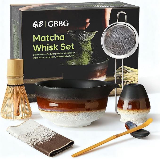 Matcha Whisk Set, Ceramic Matcha Set Desert Series, Matcha Bowl, Matcha Whisk and Holder, Bamboo Scoop, Scoop Rest, Sifter and Tea Towel 7 Pcs Matcha Kit for Birthday Christmas Gift (Matte Black) - Bloomnest