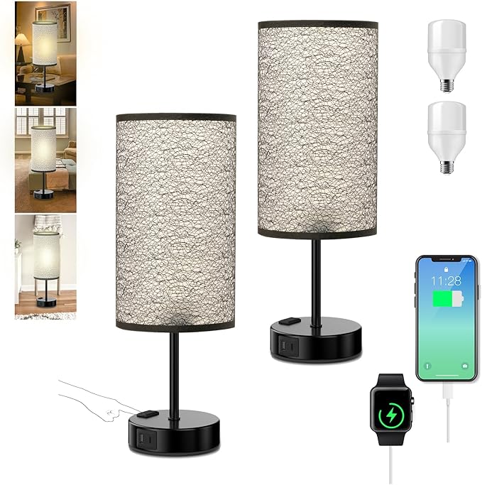Table Lamp for Bedroom with Touch Control,Bedside Lamp with USB C+A Charging Ports& AC Outlets, Adjustable 3color LED Light for Home Decor/Nightstand/Bedroom/Office,Included Bulb and Fabric Lamp Shade - Bloomnest