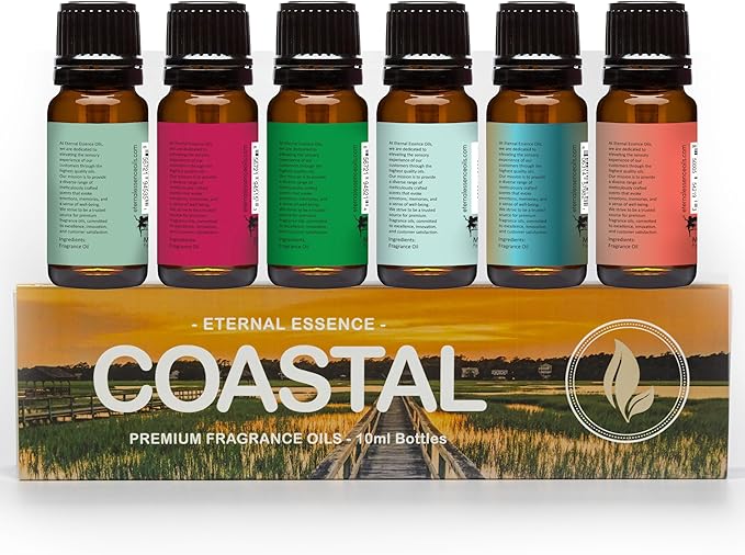 Eternal Essence Oils Coastal Set of 6 Premium Fragrance Oils - Includes Mountain Meets Ocean, Seaside Citrus, Island Hop, Kelp, Beautiful Day, and Coral Reef Scented Oils - 10ML - Bloomnest