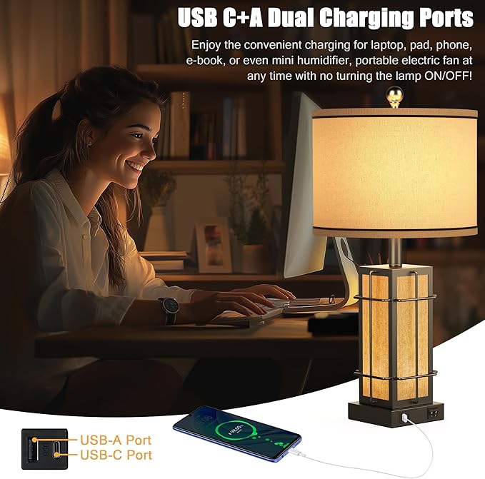 Black Table Lamps Set of 2, 24" Farmhouse Lamps for Living Room with USB C+A Ports, Industrial Retro Lamps for Bedroom, Nightstand Light Fixture, 2 Bulbs Included - Bloomnest