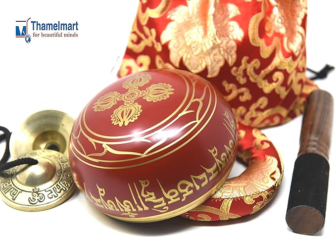 5" Tibetan Meditation Yoga Singing Bowl Set with free Om Tingsha cymbals,wooden Mallet Silk Cushion and Carry bag from Nepal, Singing bowls. TM+THAMELMART+FOR+BEAUTIFUL+MINDS