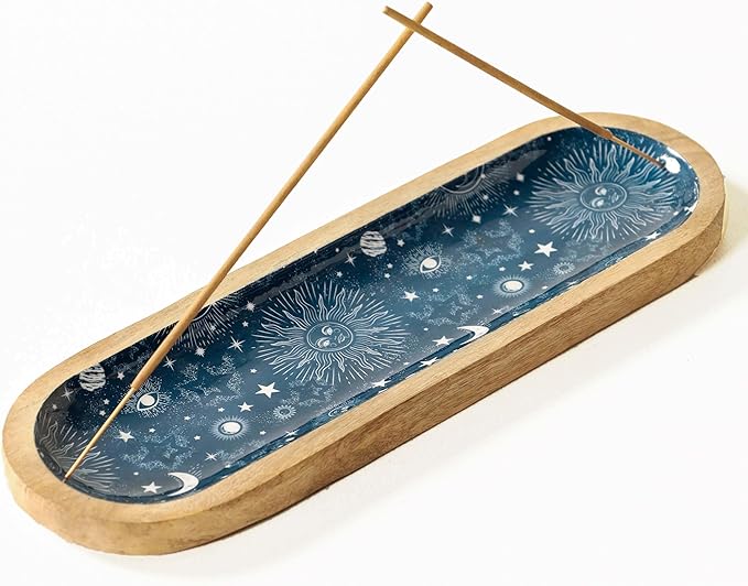 The Art Box Hand-Painted Incense Burner Holder Dark Blue - 12x4x1 inch Wooden Long Incense Stick Tray Holder for Modern Gift, Ash Catcher Incense Stick Holder - Meditation & Yoga - Bloomnest