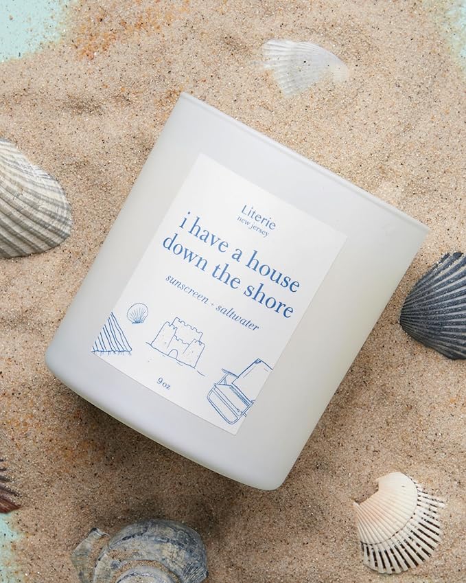 Literie NJ Inspired Scented Candle: I Have a House Down The Shore - Sunscreen & Saltwater Scented, 9oz, 50 Hour Burn, Vegan Soy & Coconut Blend Candle for Home Decor, Gift for Women & Men - Bloomnest