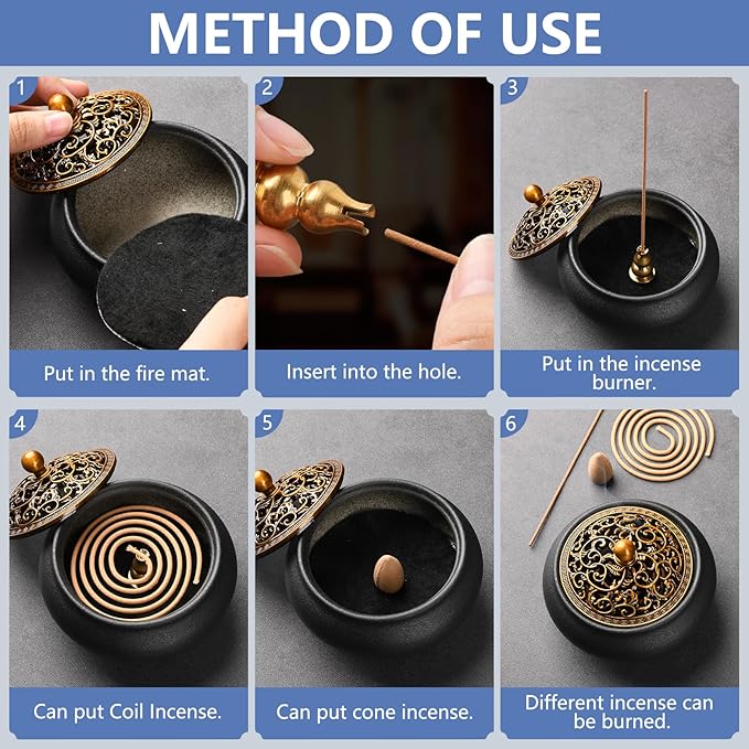 Ceramic Incense Burner with Incense Stick Holder,Use for Stick/Coil Incense,Sage, Mosquito Incense and Charcoal,Handmade for Cleansing House Negative Energy & Other Smudging Rituals (Black) - Bloomnest