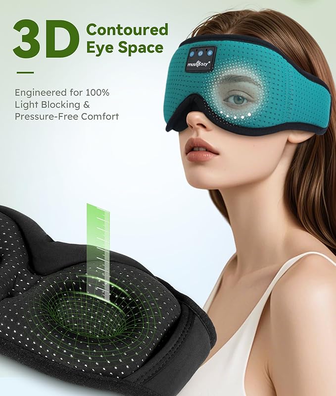 MUSICOZY Sleep Headphones Breathable Bluetooth Headband 3D Sleeping Headphones, Wireless Music Eye Mask Sleep Earbuds for Side Sleeper Women,Men Office Air Travel Cool Tech Gadgets Unique Gifts Green - Bloomnest