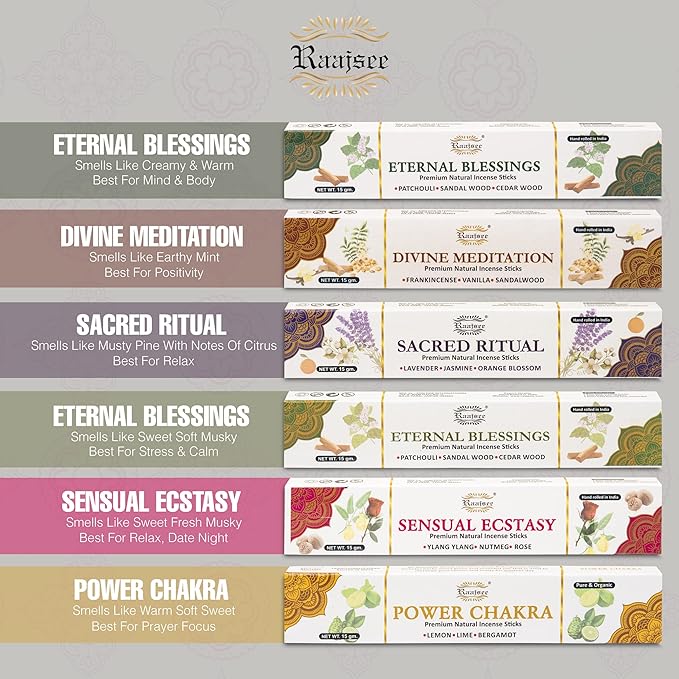 Raajsee Natural Incense Sticks,6 Pack Mixed Scents Gift Pack 15 gm Each (90 gm Total), Insense Sticks Variety Pack, 100% Organic Non Toxic Natural - Hand Rolled Free from Chemicals RAAJSEE