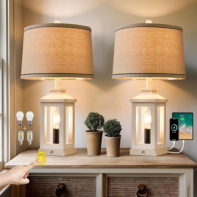 23.75" Retro Farmhouse USB C+A Ports Table Lamp Set of 2 with 3 Way Dimmable Touch Control White Nightlight Vintage Modern Lamp for Living Room Bedroom with 2 Light Sources - Bloomnest