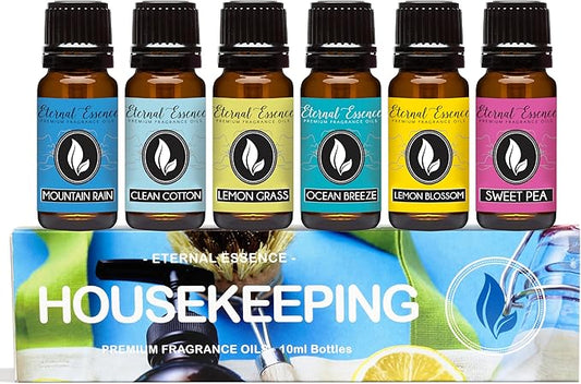 Eternal Essence Oils Housekeeping Set of 6 Premium Fragrance Oils - Includes Clean Cotton, Lemon Blossom, Lemon Grass, Sweet Pea, Ocean Breeze and Mountain Rain Scented Oils - 10ML - Bloomnest