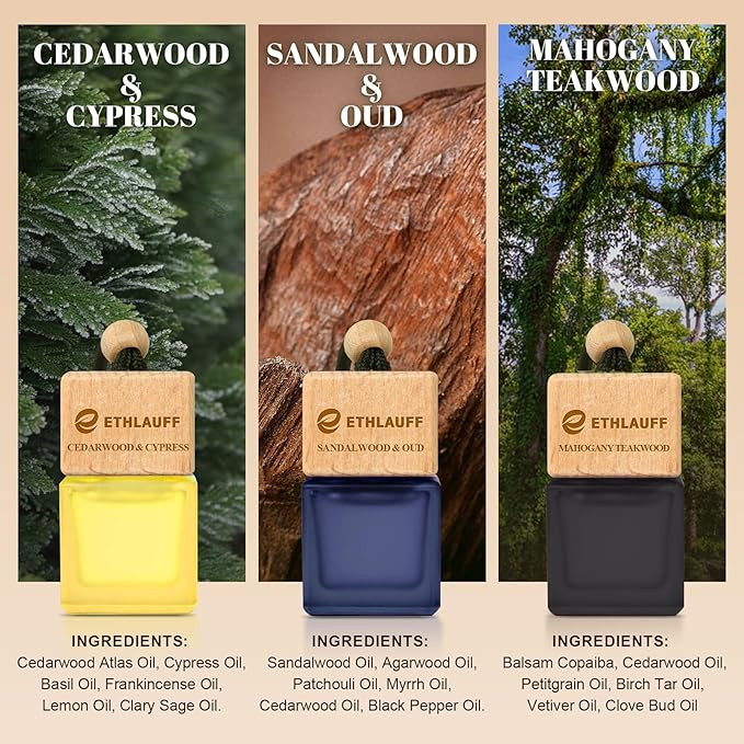 Car Air Freshener Hanging, 3 Pcs Teakwood Mahogany, Sandalwood & Oud, Cedarwood & Cypress, Wooden Scent Air Fresheners Diffuser for Car, 45+ days Long Lasting Fragrance, 0.27 FL OZ/8ML - Bloomnest