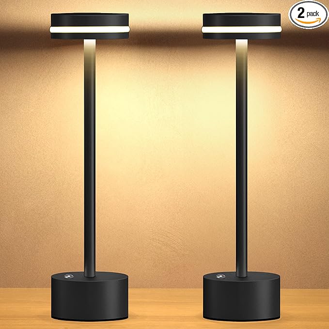 Cordless Table Lamp, Portable Rechargeable Bedside Lamp, Touch Stepless Dimmable Desk Lamp, for Home Bedroom Hotel Restaurant Bar Outdoor, 2 Set, Black - Bloomnest