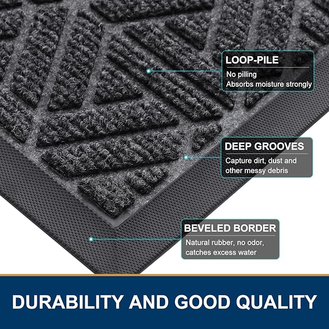 Smiry Front Door Mat Outside Entrance, Heavy Duty Sturdy Natural Rubber Doormat, Trap Dirt and Moisture, Easy Clean Low Profile Mats for Indoor Outdoor Entry, Grid Geometric (71x47, Grey) - Bloomnest