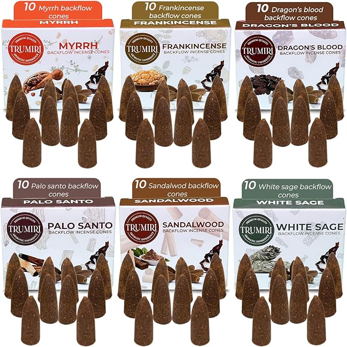 Woody - Backflow Incense Cones for Waterfall - Scented Inscents-Cones - Sandalwood, Dragons Blood, Palo Santo, White Sage - Insiensos Aromaticos - 6x10=60 Large Variety Pack - Back Flow Down Reverse TRUMIRI