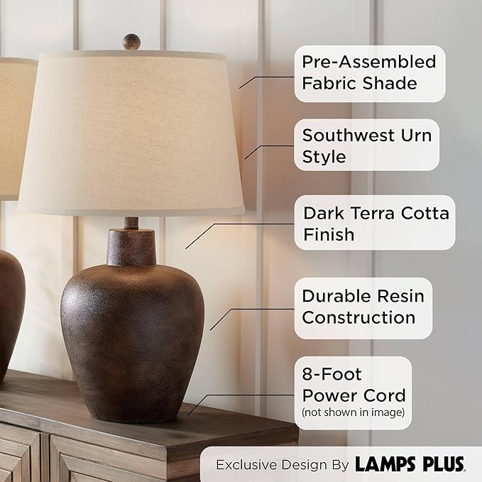 Regency Hill Glenn Farmhouse Rustic Southwestern Natural Cottage Table Lamps 27" Tall Set of 2 Dark Terra Cotta Tapered Fabric Drum Shade Decor for Living Room Bedroom House Bedside Nightstand - Bloomnest