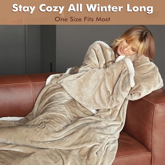 Tirrinia Sherpa Wearable Blanket With Sleeves, Full Body Throw Reading Wrap TV Blankets - Bloomnest