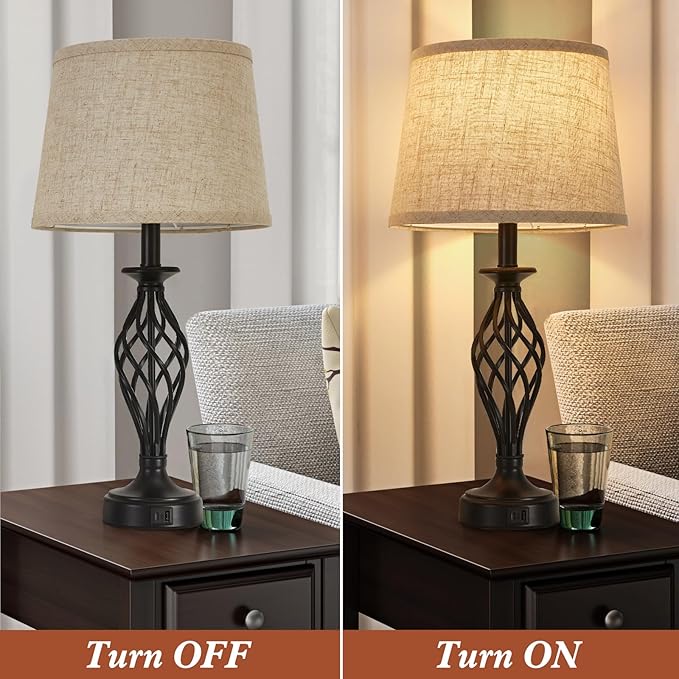Table Lamp for Bedroom Set of 2 with USB C+A Ports, Modern Bedside Lamps with Spiral Cage Base, Fabric Shade, Nightstand Lamp for Living Room Reading Bed Side End Table, 2 LED Bulbs Included Black - Bloomnest
