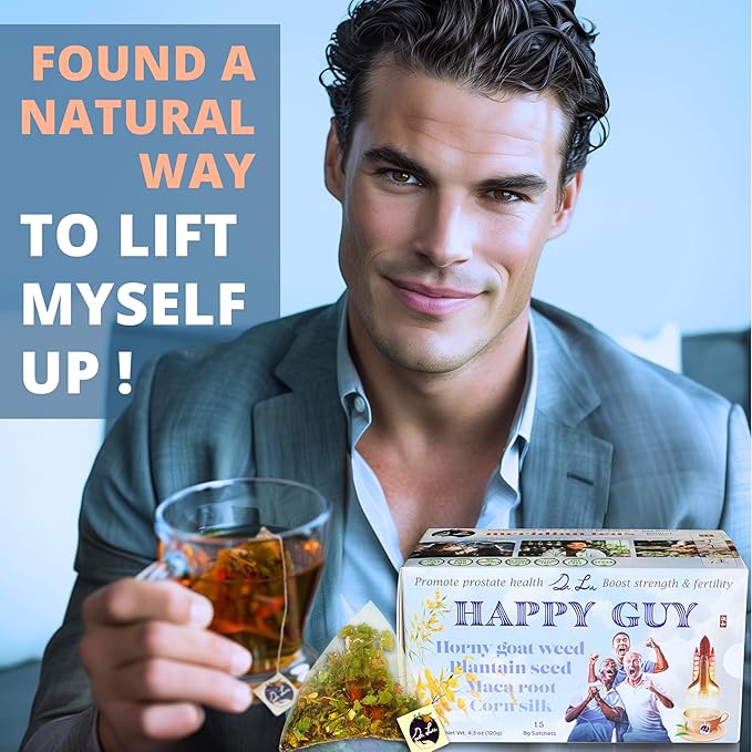 Dr. Lu’s Happy Tea for Guy | 100% Natural Energy Tea for Men | Supports Prostate, Vitality & Fertility | 11-Herb Blend with Maca, Corn Silk & Hibiscus in Corn Fiber Tea Bags Made in USA - Bloomnest