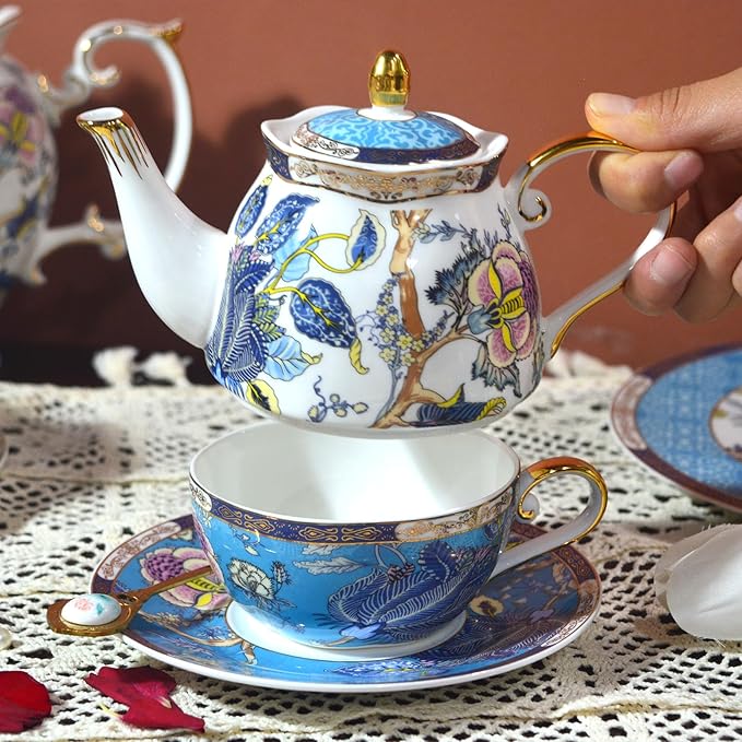 ACMLIFE Tea for One Teapot and Cup, Vintage Floral Porcelain Tea Set for One, Bone China Teapot with Cup Set, Tea Pot Gift for Women (Blue-A) - Bloomnest