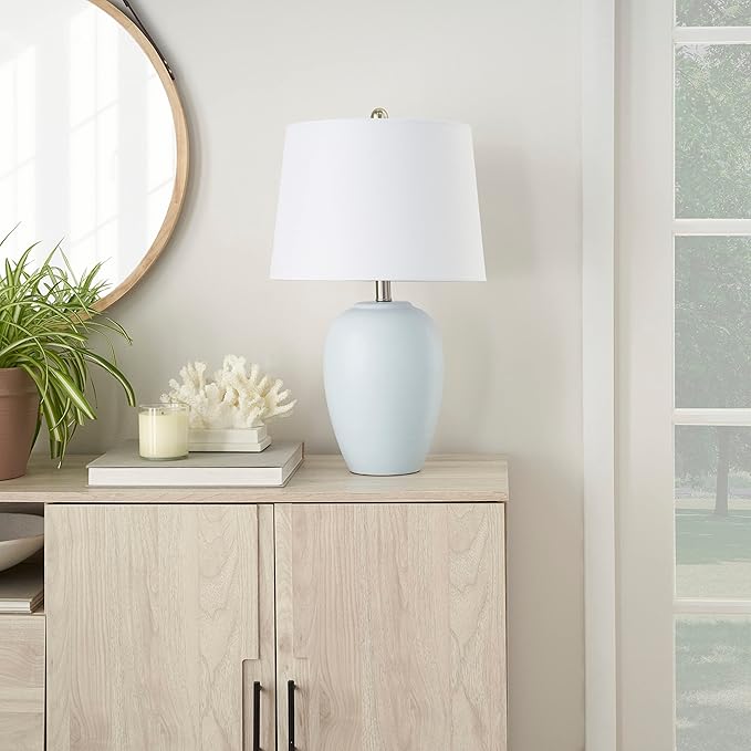 Nourison Home 23" Coastal Blue Ceramic Pot Table Lamp for Bedroom, Living Room, Dining Entryway, with White Shade - Bloomnest