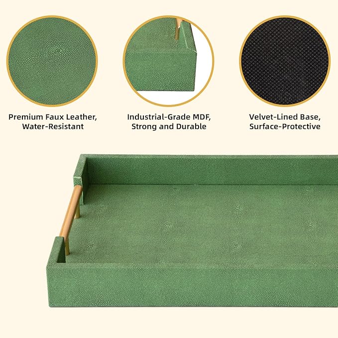 Decorative Tray Set of 2, Green Shagreen Leather Tray, Modern Elegant Rectangle Serving Trays with Gold Polished Metal Handles, Ottoman Trays Coffee Table Perfume Kitchen Home Decor - Bloomnest