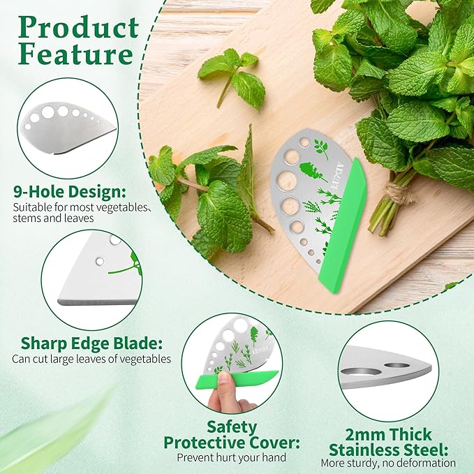 Herb Stripper 9 holes, Luxiv Stainless Steel Kitchen Herb Leaf Stripping Tool LooseLeaf Kale Razor Metal Herb Pealer for Kale, Chard, Collard Greens, Thyme, Basil, Rosemary (1 pack) (2, green) - Bloomnest