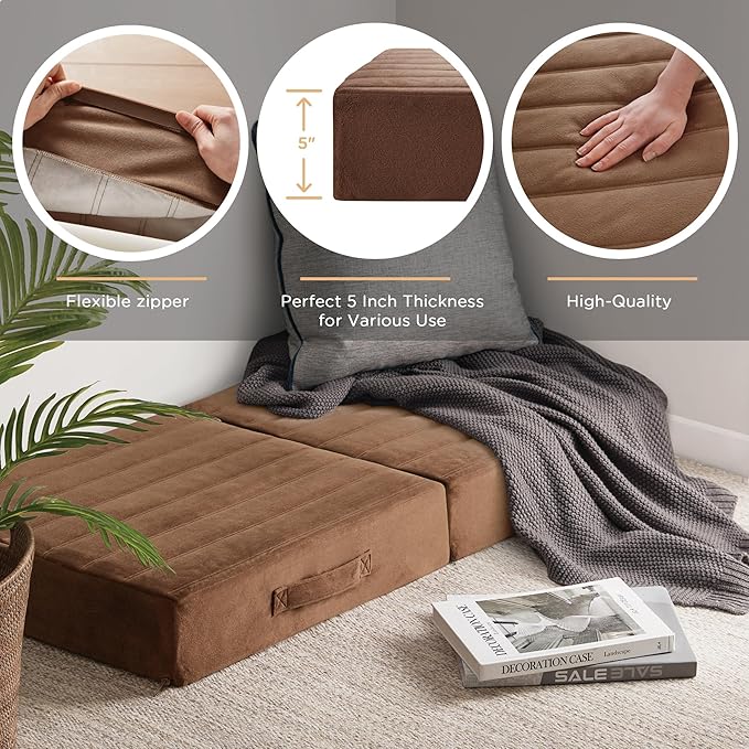 Codi Large Floor Pillow, Meditation Cushions for Adults with Thick Foam and Soft Tufted Covers, Washable Square Seating for Couch and Yoga Sitting, 22 × 22 × 5 Inch Coffee