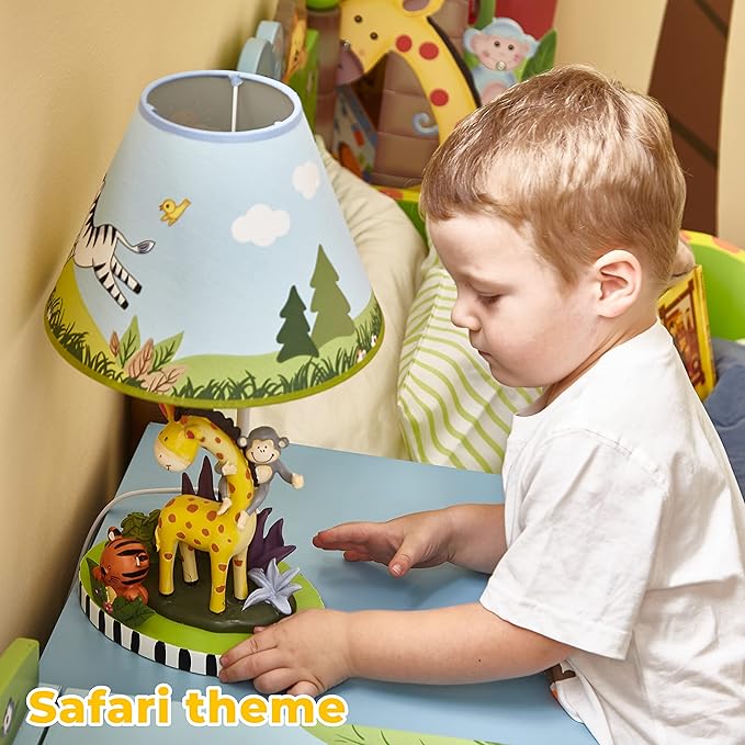 Fantasy Fields - Sunny Safari Animals Thematic Kids Table Lamp, for Girls & Boys Rooms with Printed Zebra Lampshade & Sculpted Monkey, Giraffe, & Tiger Base, Jungle Lamp for Nurseries & Baby Rooms - Bloomnest
