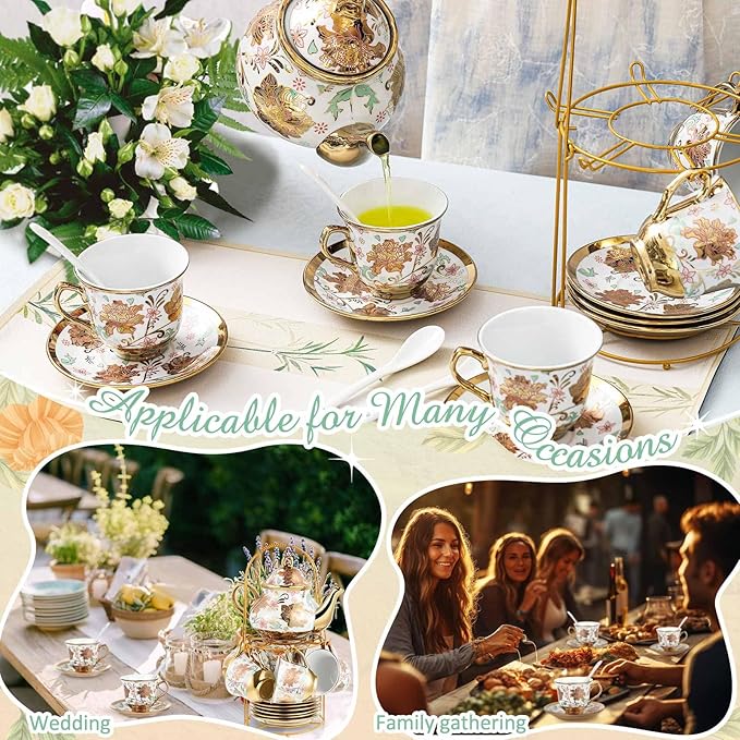 Zhehao 20 Pcs Porcelain Tea Set with Metal Holder and Spoon Adult Ceramic Tea Set European Flower Painting Teapot Cup Saucer Spoon for Women, Large Version(Elegant Style) - Bloomnest