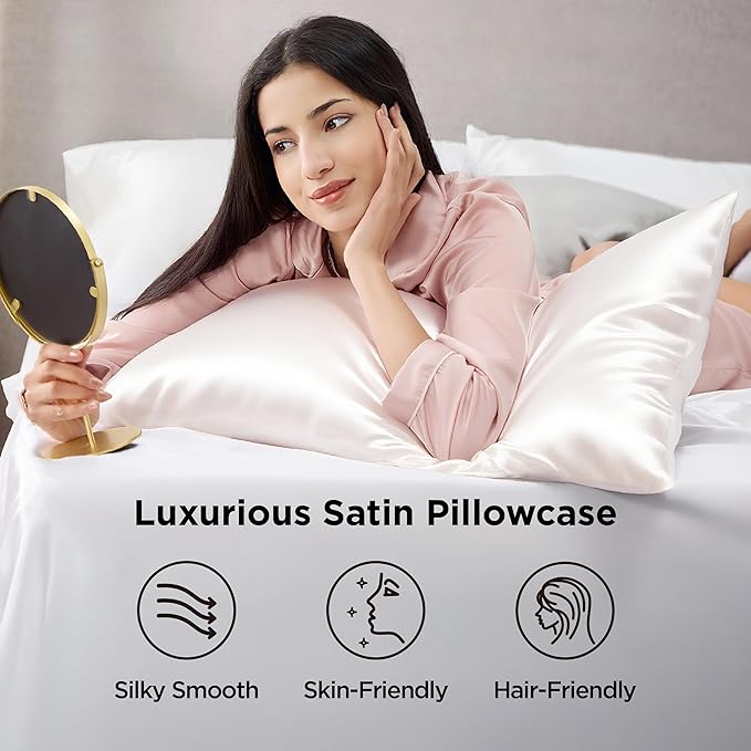 Bedsure Satin Pillowcase 2 Pack Similar to Silk Pillow Cases Standard Size, Pillow Case for Sleeping Women with Envelope Closure, Gifts for Women Men, Ivory, 20x26 Inches, 2pcs - Bloomnest